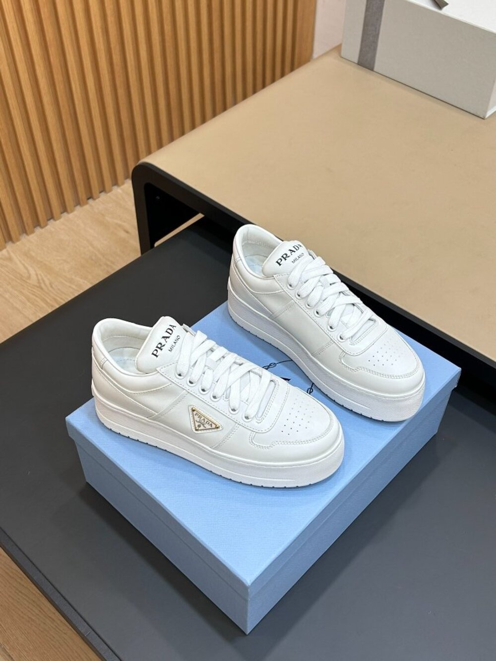 Prada White Leather Lace‑Up Platform Sneakers